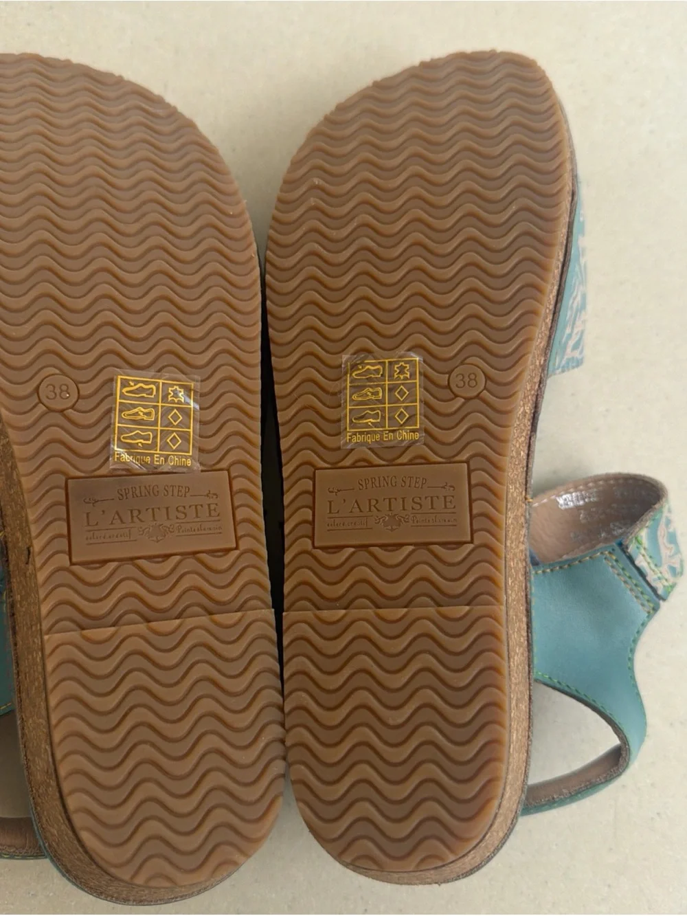 New L'Artiste by Spring Step Leather Wedge Teal Sandals Cuteness Sz 38, US 7.5~8